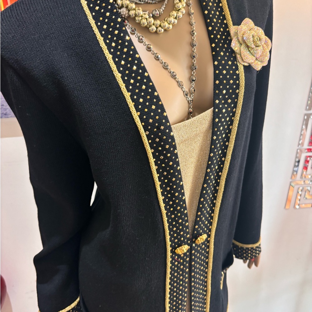 St. John Black Gold Blazer Trim 12 14 paillettes sequins evening embellished - Picture 2 of 10